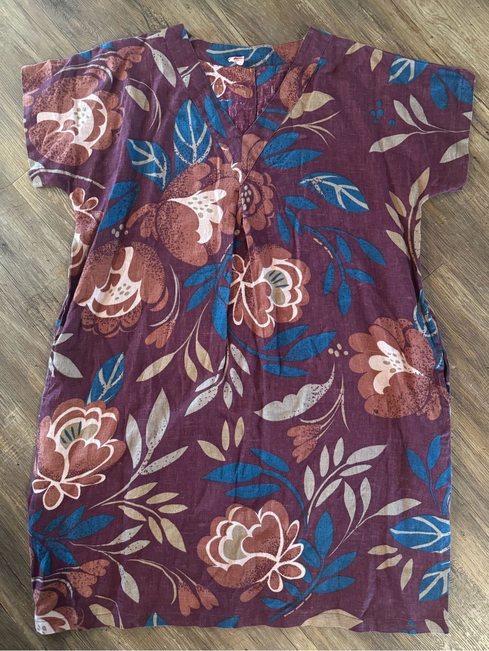 Gudrun Sjödén Short-sleeve V-neck Shift Dress Mauve Fall Floral 100% Linen Sz XL